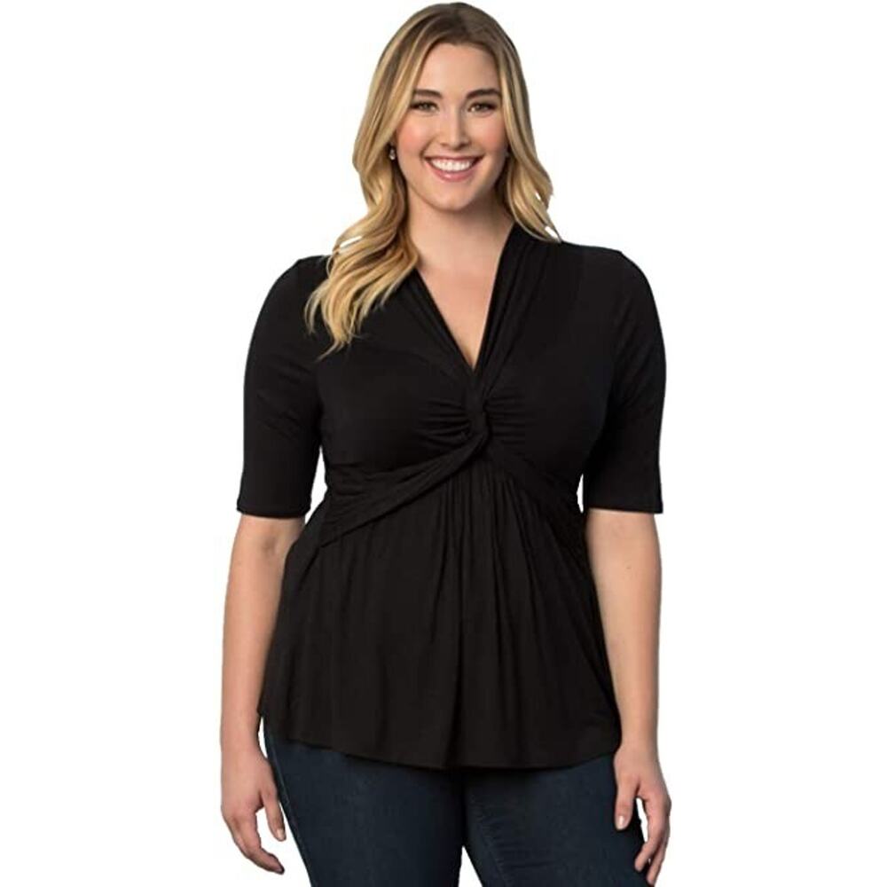 Kiyonna Top 1X Black Caycee Twist Empire Waistline Twist Front Slimming V Neck